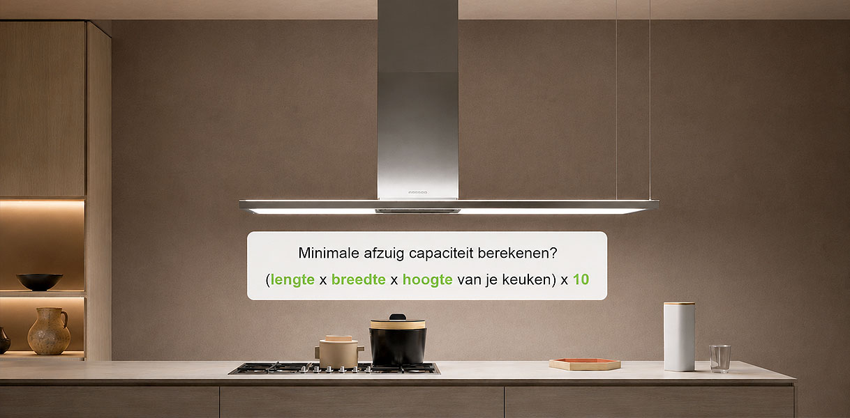 Eiland afzuigkap boven kookplaat met formule om afzuigcapaciteit te berekenen