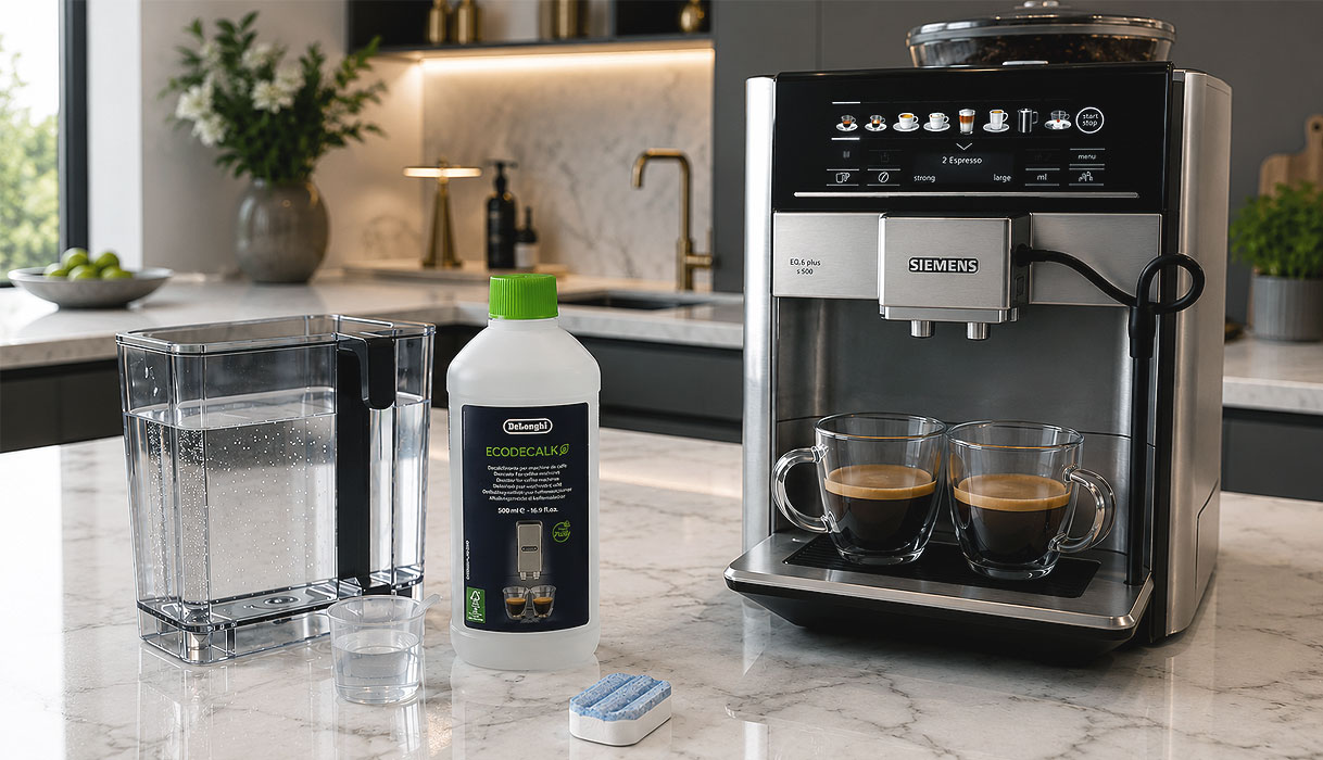 Siemens koffiemachine met vloeibare ontkalker, ontkalkingstablet en gevuld waterreservoir