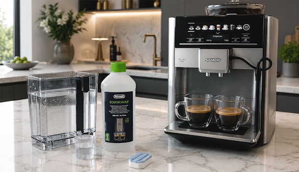 Siemens koffiemachine met vloeibare ontkalker, ontkalkingstablet en gevuld waterreservoir