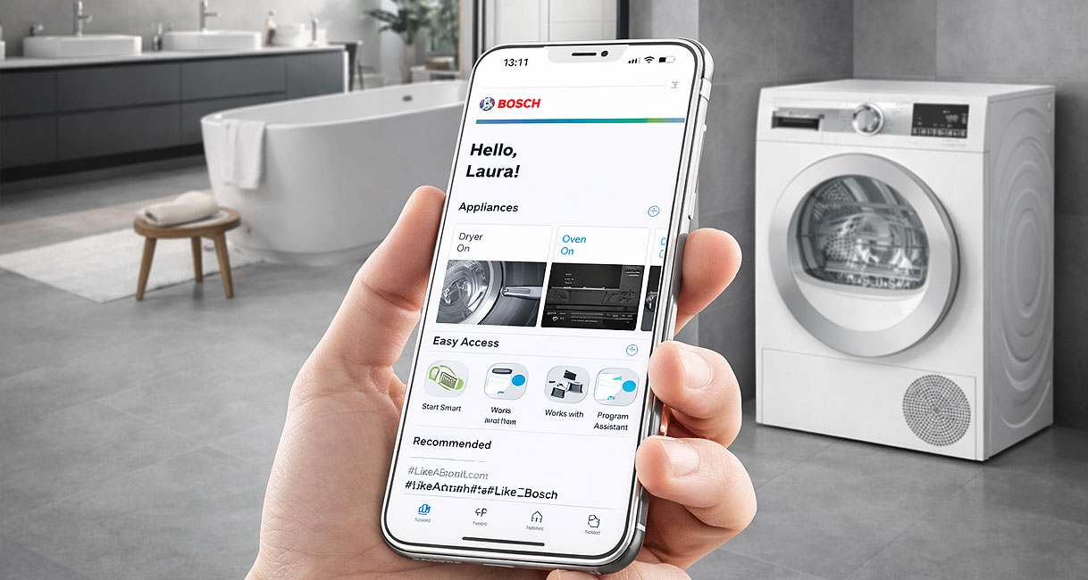Hand met smartphone met Bosch Home Connect app voor bediening op afstand van de wasdroger