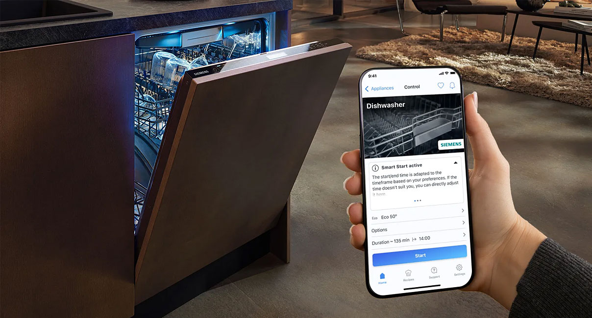 Smartphone met Home Connect verbinding met Siemens vaatwasser