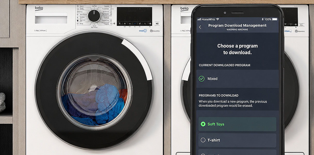 HomeWhiz-app op een telefoon waarmee je de Beko was-droogcombinatie op afstand start en volgt