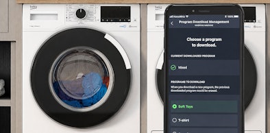 HomeWhiz-app op een telefoon waarmee je de Beko was-droogcombinatie op afstand start en volgt