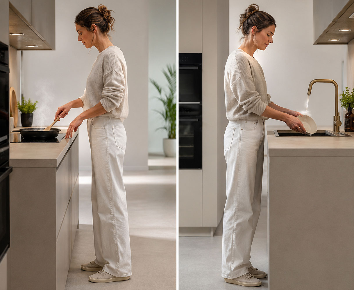 Vergelijking van de ideale hoogte van een keukenblad voor koken en afwassen in een moderne keuken
