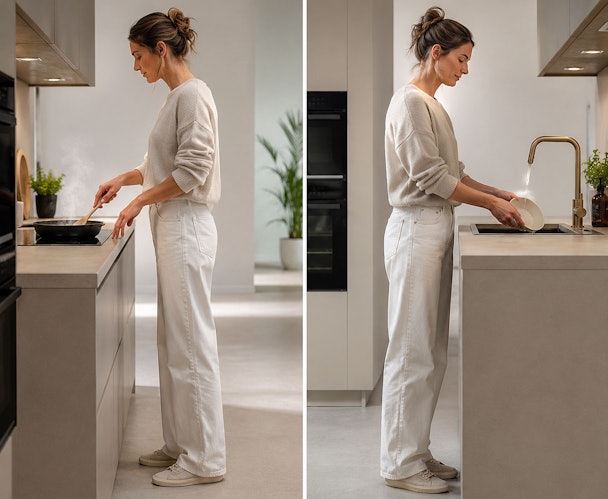 Vergelijking van de ideale hoogte van een keukenblad voor koken en afwassen in een moderne keuken