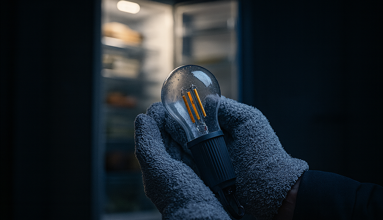 Vriezer bij stroomuitval met koude handen en noodlamp