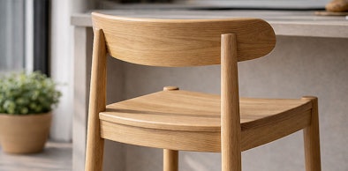 Close-up van een houten barkruk in licht eiken met gebogen rugleuning en een naturel zitting naast een keukeneiland
