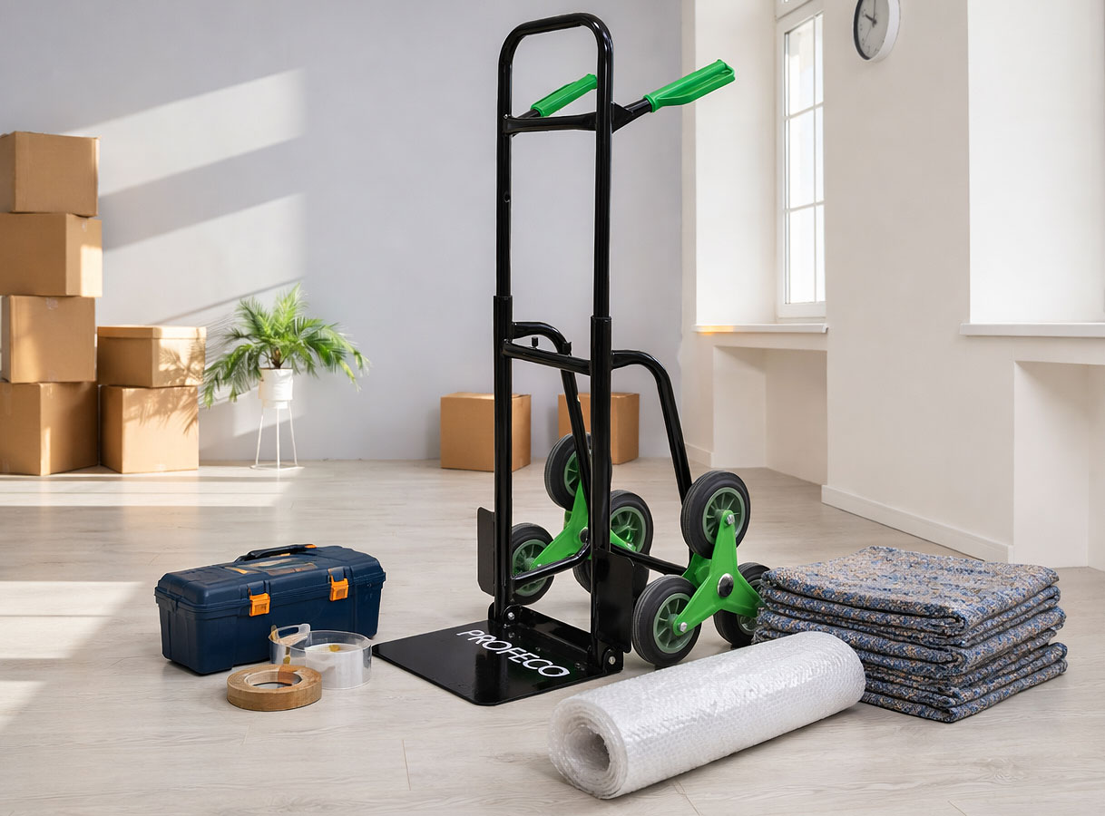 Traploper met trapklimwielen, stapel verhuisdekens, rol noppenfolie, tape en gereedschapskist in lege kamer met verhuisdozen