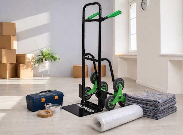 Traploper met trapklimwielen, stapel verhuisdekens, rol noppenfolie, tape en gereedschapskist in lege kamer met verhuisdozen