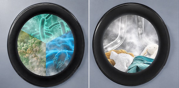 Trommel met bacteriën en huisstofmijt naast trommel waar stoom het wasgoed hygiënisch reinigt