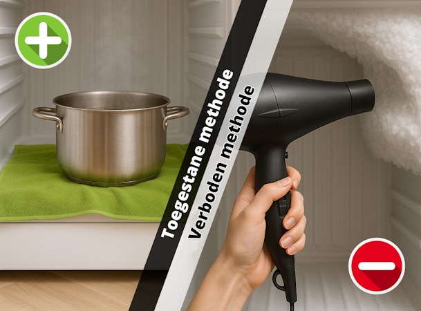 Vergelijking van toegestane en verboden ontdooimethoden: pan met heet water op groene handdoek tegenover een föhn op dikke ijslaag.
