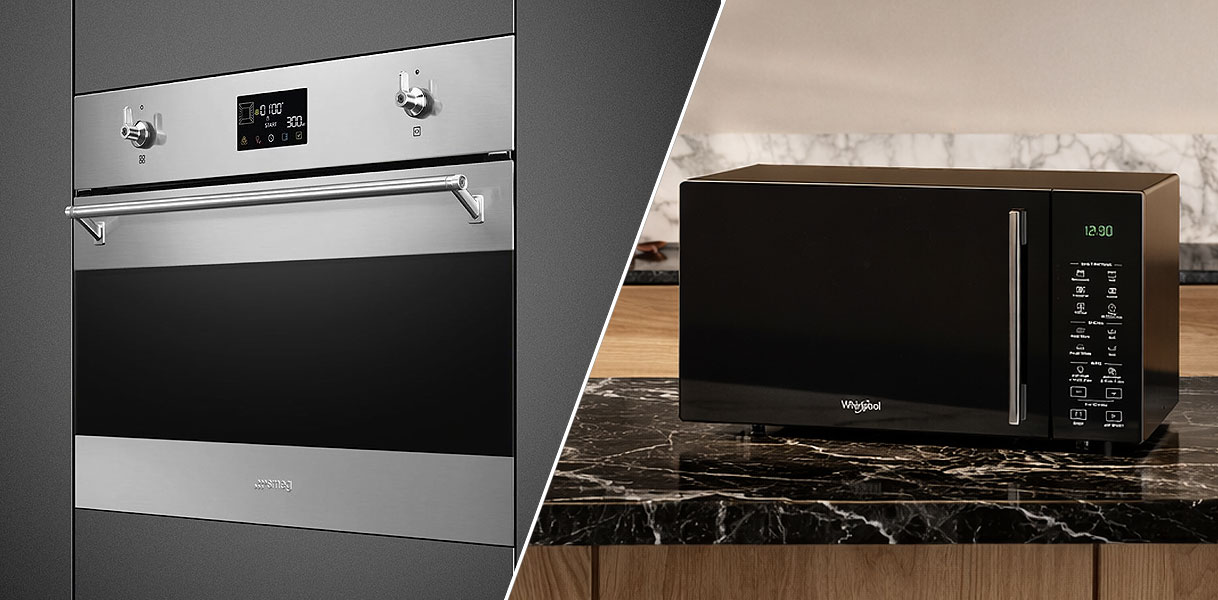 Vergelijking Smeg inbouw combimagnetron in keukenblok en vrijstaande Whirlpool combimagnetron op marmeren aanrecht