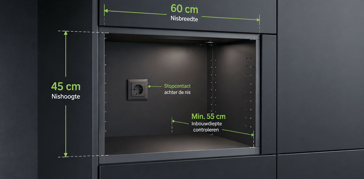 Lege nis van 45 centimeter hoog en 60 centimeter breed met stopcontact voor een inbouw koffiemachine