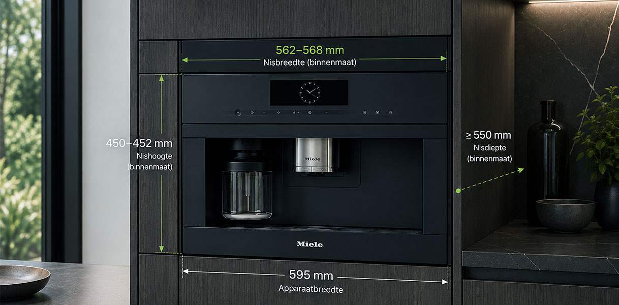 Inbouw koffiemachine van Miele met maataanduidingen voor nisbreedte, nishoogte en nisdiepte