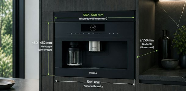 Inbouw koffiemachine van Miele met maataanduidingen voor nisbreedte, nishoogte en nisdiepte