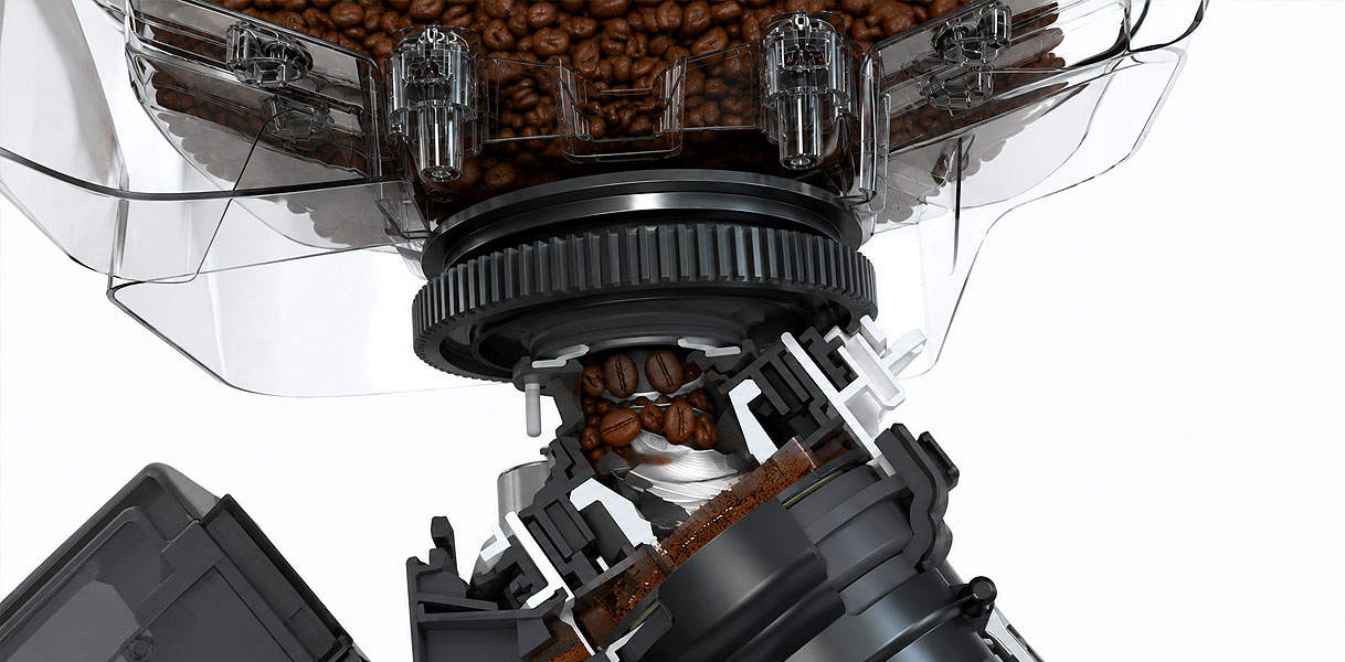 Doorsnede van een inbouw koffiemachine met koffiebonen in het maalwerk en gemalen koffie eronder