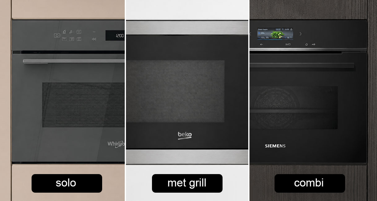 Drie soorten inbouw magnetrons naast elkaar: solo magnetron, magnetron met grill en combimagnetron.
