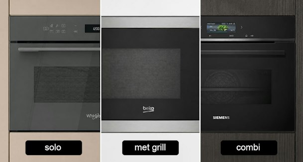 Drie soorten inbouw magnetrons naast elkaar: solo magnetron, magnetron met grill en combimagnetron.