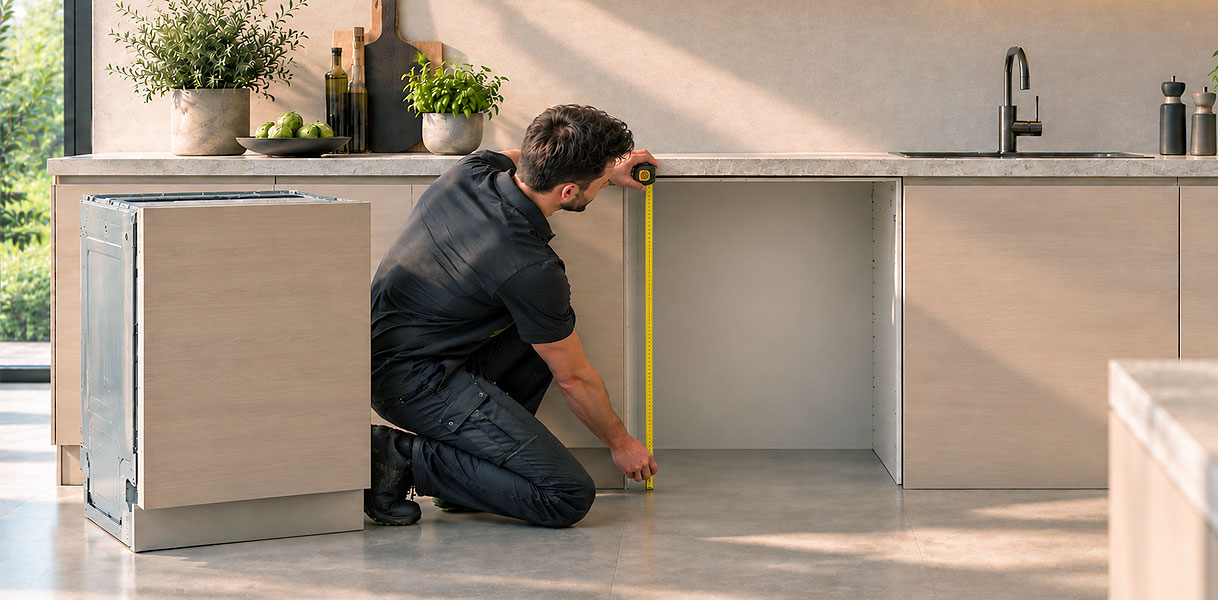 Monteur meet met een rolmaat de kastopening voor een inbouw vaatwasser op