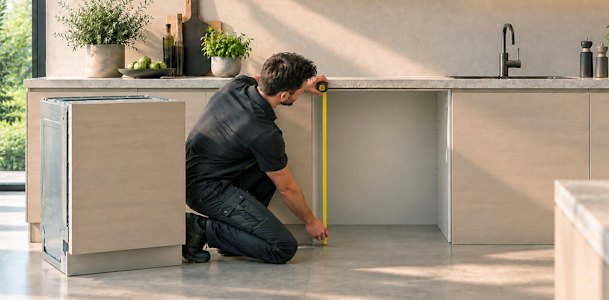 Monteur meet met een rolmaat de kastopening voor een inbouw vaatwasser op