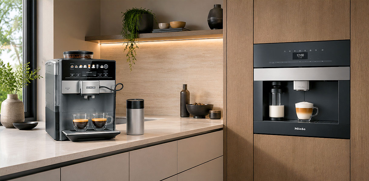 Vrijstaande Siemens koffiemachine met melkopschuimer naast een ingebouwde Miele koffiemachine in de keuken