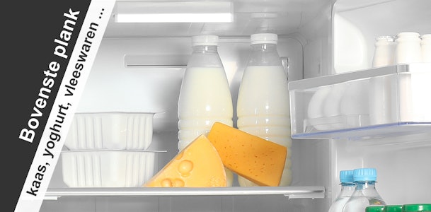 Indeling bovenste plank met kaas en zuivelproducten.