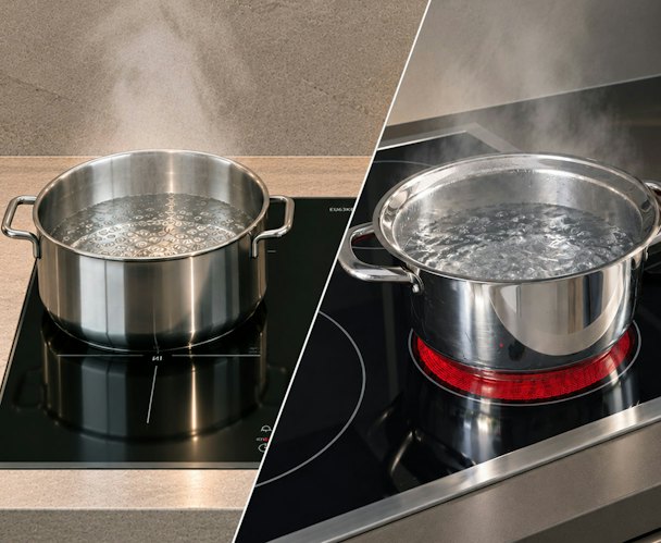 Pan kokend water op een inductiekookplaat naast een pan op een roodgloeiende keramische kookzone