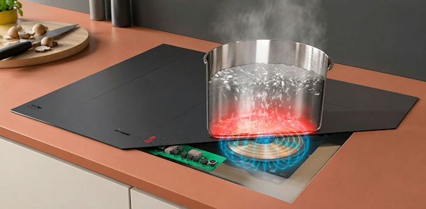 Doorsnede van een inductiekookplaat waarbij de spoel onder het glas een magnetisch veld opwekt onder een pan kokend water