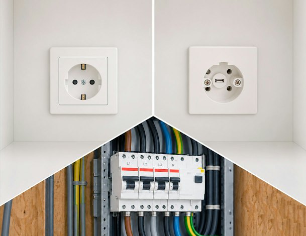 Gewoon geaard stopcontact en Perilex stopcontact naast installatieautomaten in de meterkast