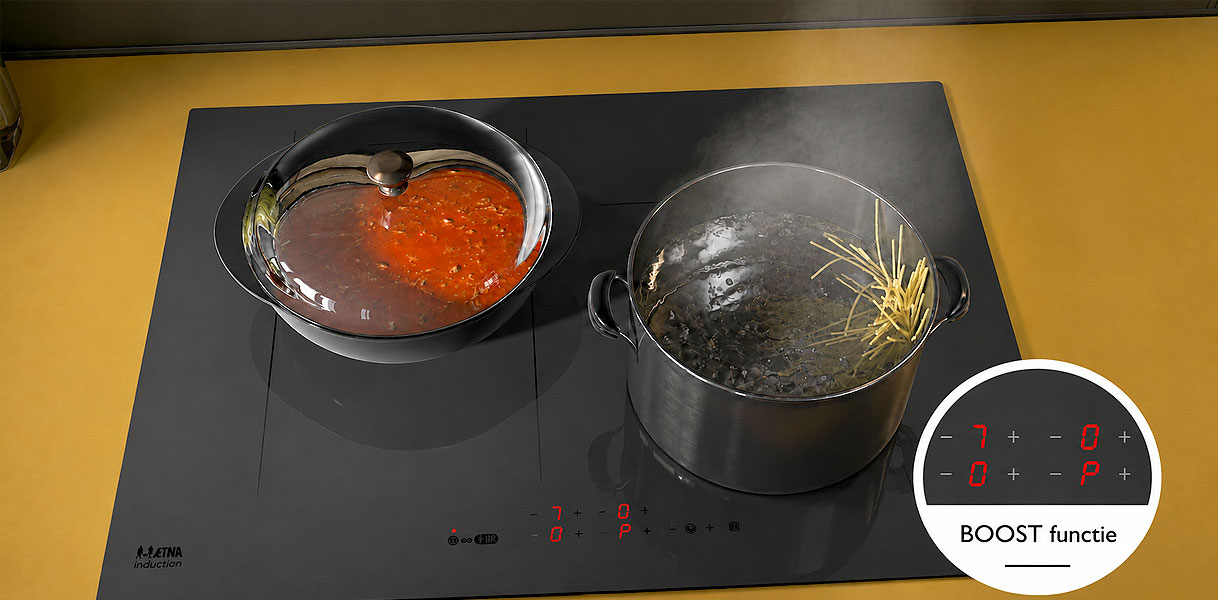 Pan met pastawater op een zone in boostmodus, aangegeven met een P