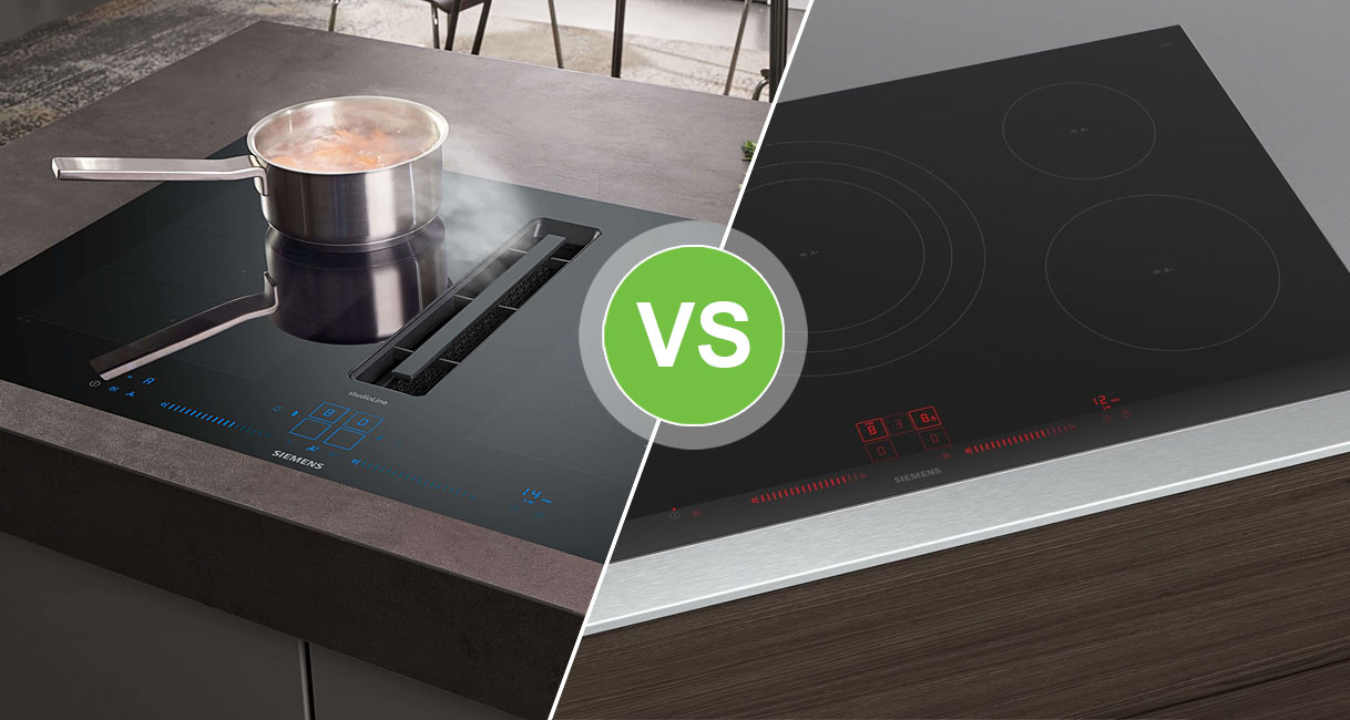 Vergelijking tussen een inductiekookplaat met geïntegreerde afzuiging en een standaard inductiekookplaat zonder afzuiging.
