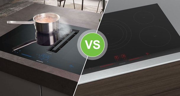 Vergelijking tussen een inductiekookplaat met geïntegreerde afzuiging en een standaard inductiekookplaat zonder afzuiging.
