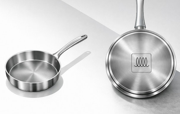 Onderkant van een pan met inductiesymbool en bijpassende inductiegeschikte koekenpan.