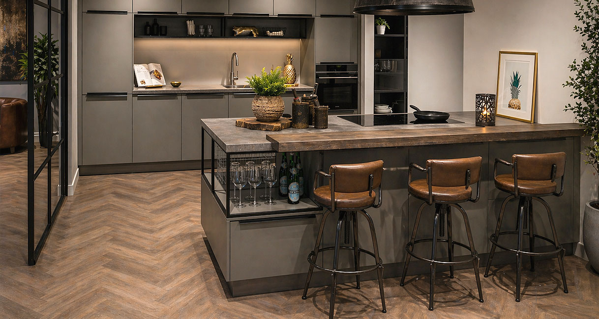 Industriële schiereiland keuken met betonlook werkblad, stalen frame en leren barkrukken