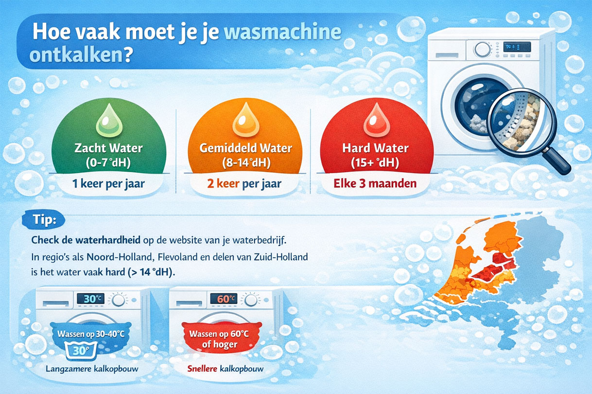 Infographic ontkalfrequentie wasmachine per waterhardheid en wastemperatuur