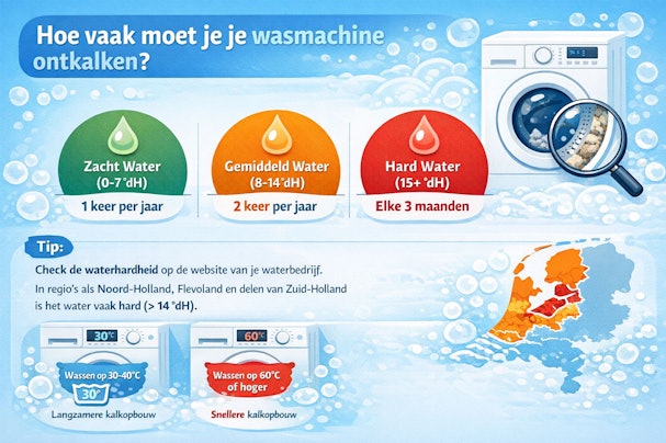 Infographic ontkalfrequentie wasmachine per waterhardheid en wastemperatuur