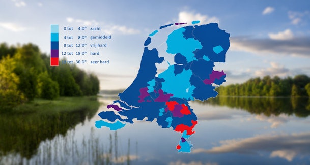 Kaart van Nederland met de waterhardheid per gemeente in Duitse hardheidsgraden