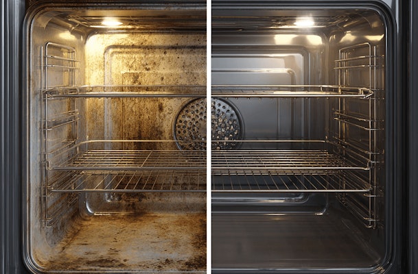 Oven voor en na het verwijderen van aangekoekt en ingebrand vet