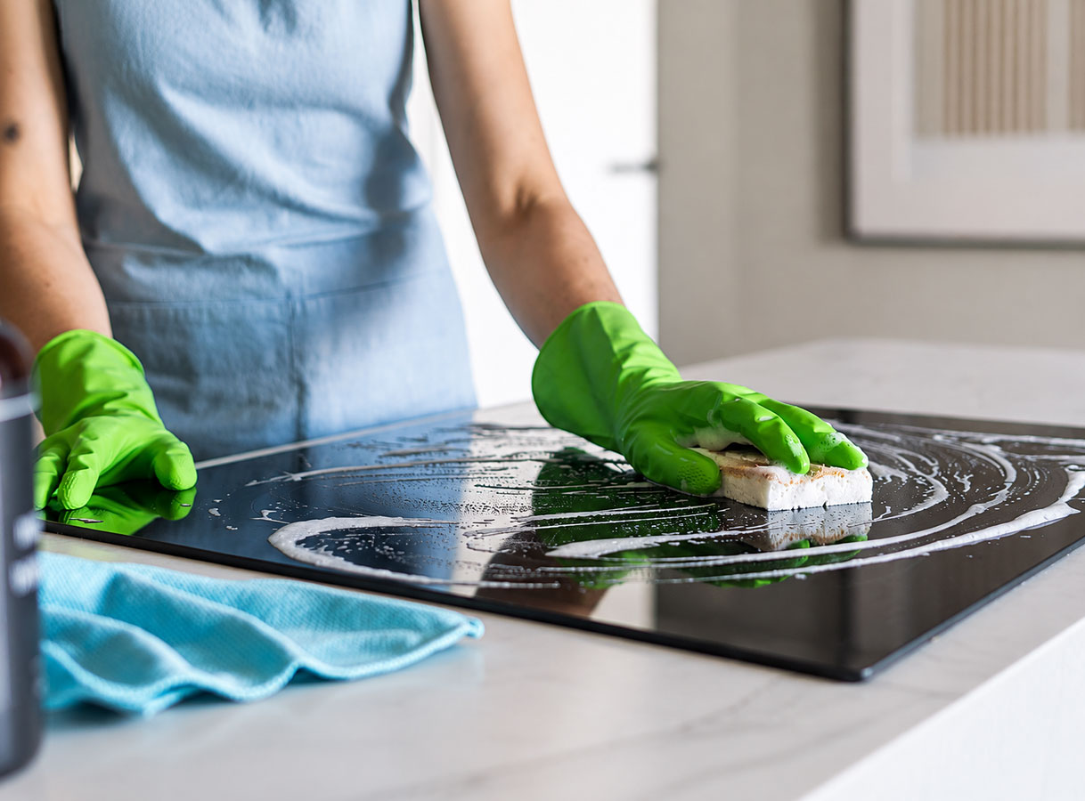 Inductie kookplaat schoonmaken met een vochtige spons om ingebrande vlekken en panafdrukken te verwijderen