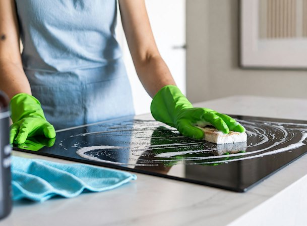 Inductie kookplaat schoonmaken met een vochtige spons om ingebrande vlekken en panafdrukken te verwijderen