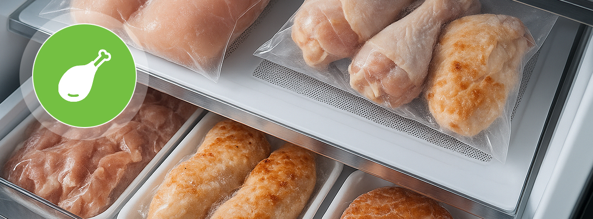 Ingevroren kip in zakjes in een vrieslade