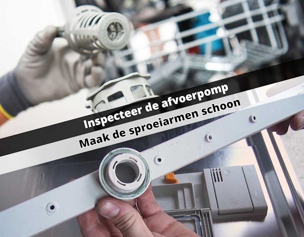Hand inspecteert afvoerpomp en verwijdert sproeiarm van een vaatwasser