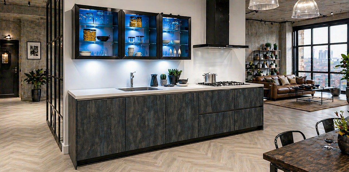 Industriële rechte keuken met betonlook fronten en donker werkblad in loft