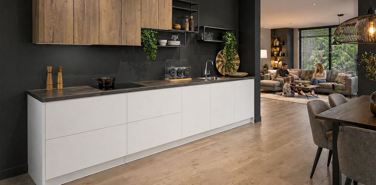 Moderne greeploze rechte keuken met witte fronten en houten bovenkasten in open woonkamer