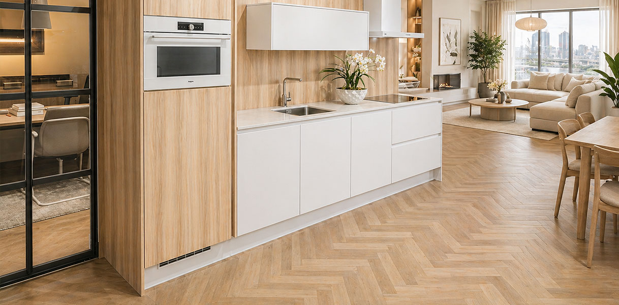Scandinavische rechte keuken met lichte houtlook fronten en witte accenten