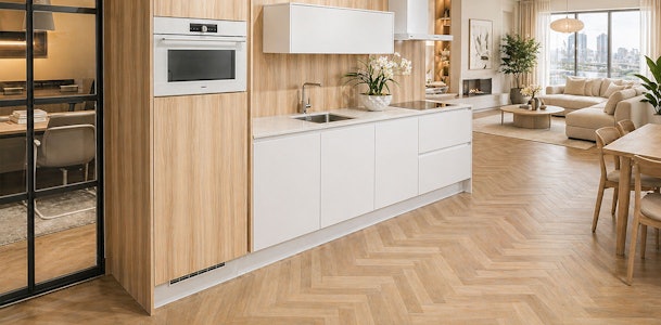 Scandinavische rechte keuken met lichte houtlook fronten en witte accenten