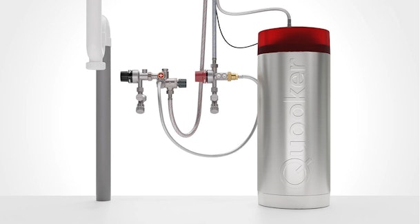 Aansluitschema van een Quooker reservoir met koudwaterleiding, inlaatcombinatie en afvoer voor installatie in het keukenkastje