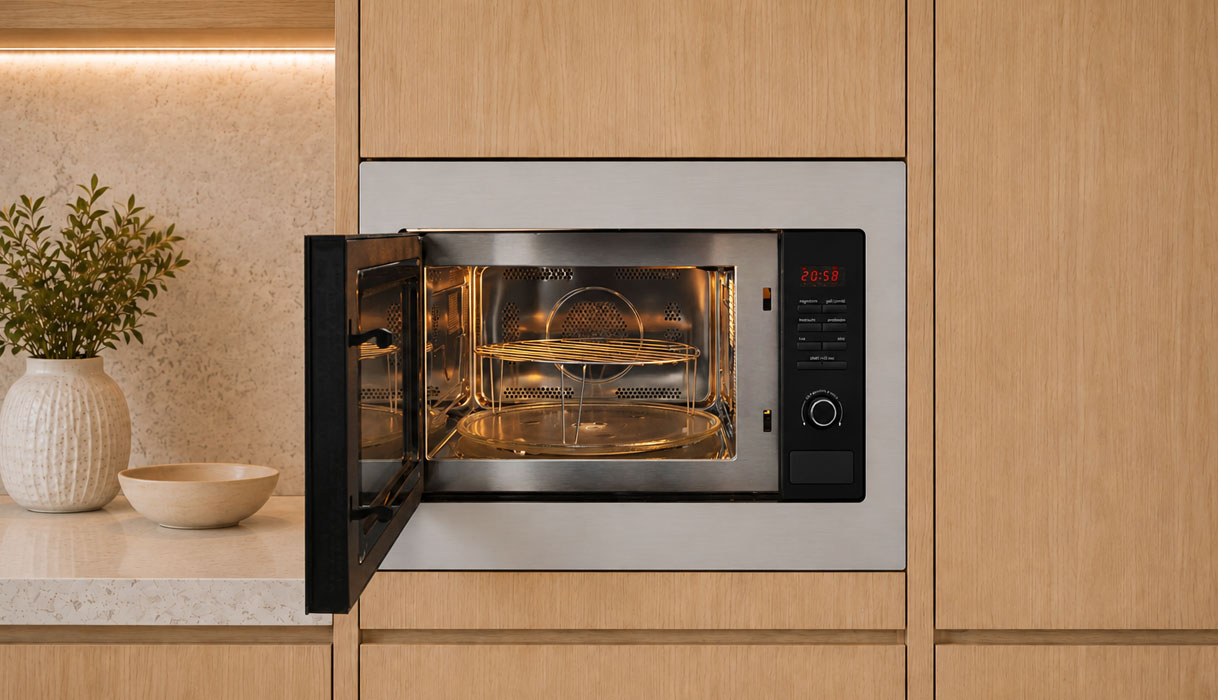 Inventum combimagnetron van 25 liter met draaiplateau in een moderne keuken