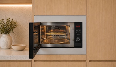 Inventum combimagnetron van 25 liter met draaiplateau in een moderne keuken