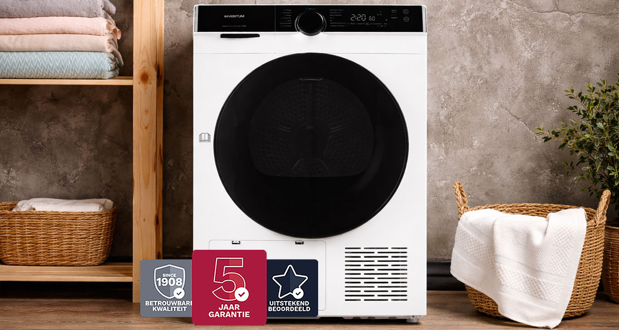 Inventum droger met badges voor betrouwbare kwaliteit, 5 jaar garantie en uitstekende beoordeling